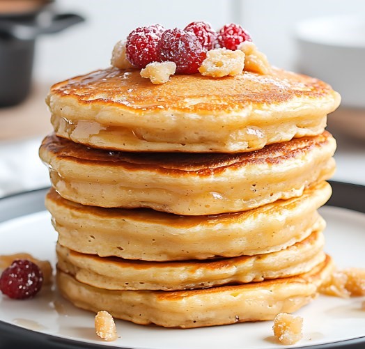 Pancakes moelleux sans sucre servis avec des fruits frais.