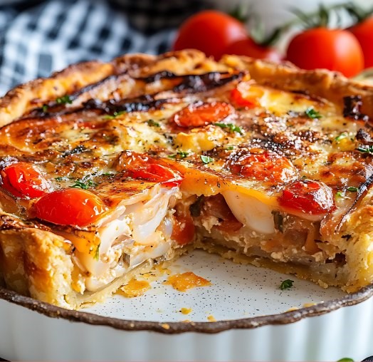 Une quiche thon-tomate dorée avec des tranches de tomate et du fromage de chèvre fondant.