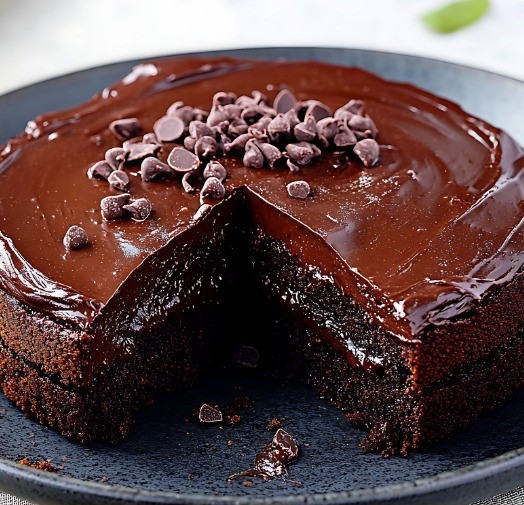 Gâteau au chocolat sans farine, moelleux avec topping de chocolat fondu.