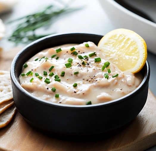 Crème de thon servie dans un bol avec crackers et crudités.