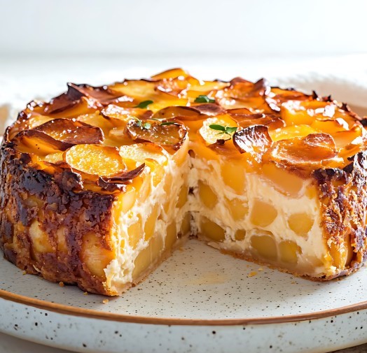 Flan au yaourt et aux pommes doré avec des morceaux de pommes et des amandes effilées.