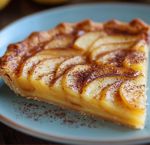 Tarte aux pommes dorée et croustillante avec tranches fines en rosace.