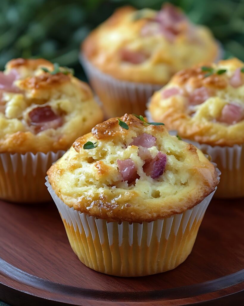 Muffins salés dorés aux dés de jambon et cœur fondant au fromage Kiri.