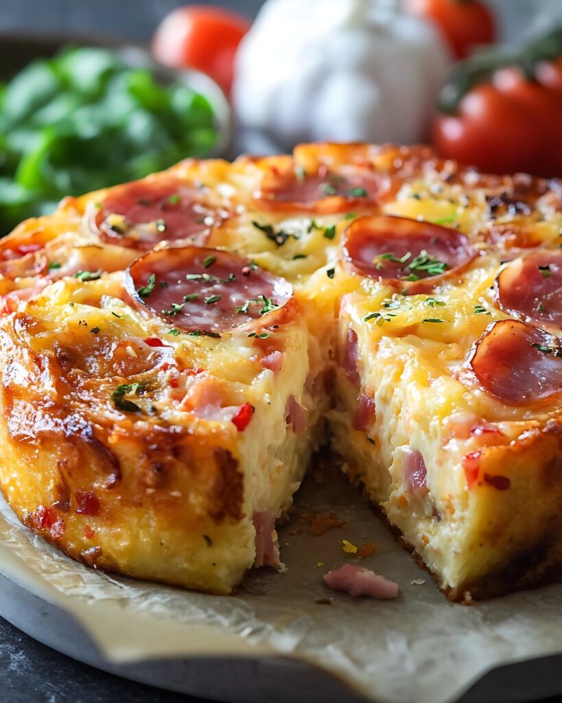 Tranches de cake salé jambon fromage moelleux sur une planche en bois, décorées de tomates cerises et d’herbes fraîches.