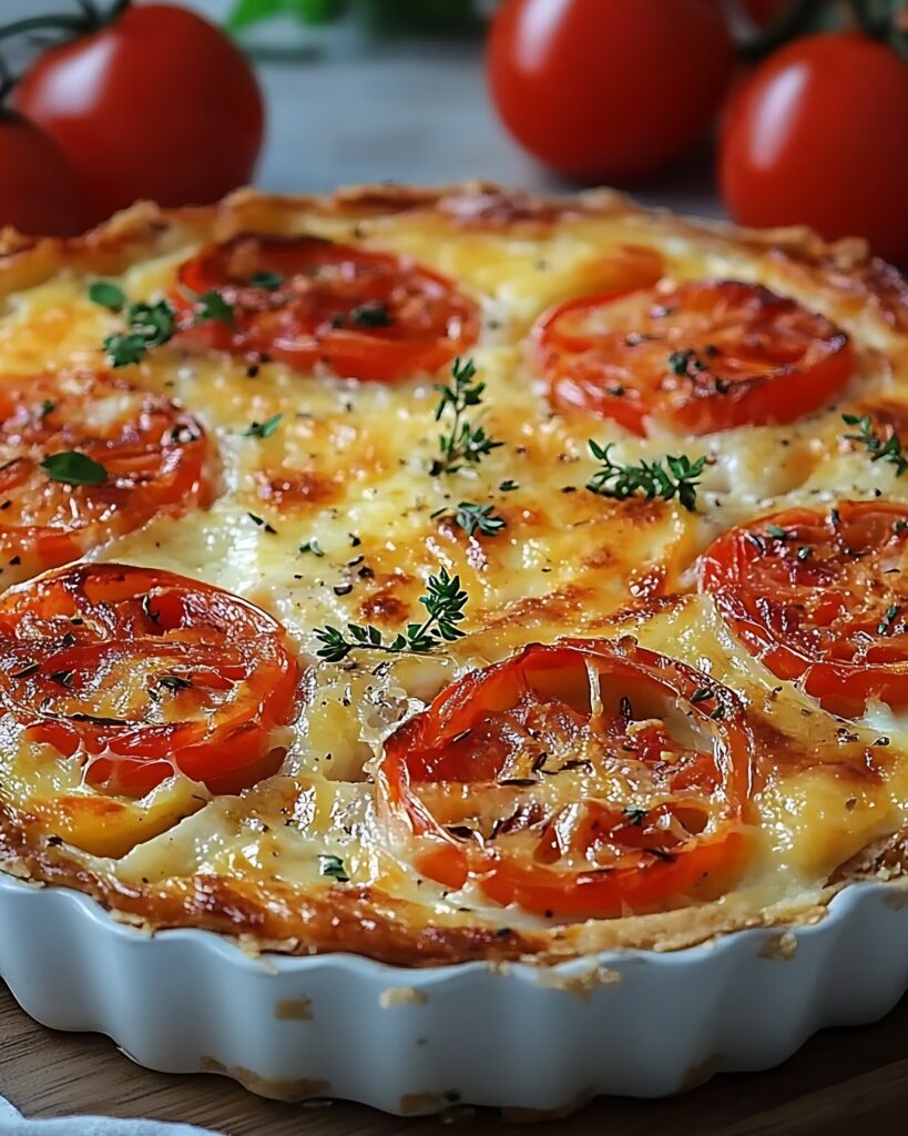 Quiche sans pâte au thon et tomates avec mozzarella gratinée et herbes fraîches sur une table rustique.