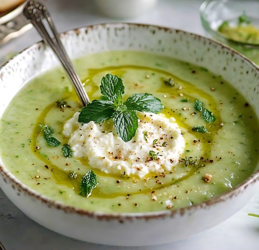 Velouté de courgettes crémeux à la menthe servi dans un bol avec feuilles de menthe fraîche.