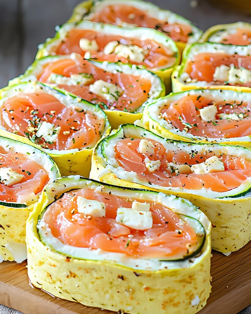 Roulés au fromage fouetté et saumon fumé garnis de ciboulette sur une planche en bois.