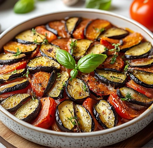 Plat de ratatouille provençale au four avec légumes grillés.