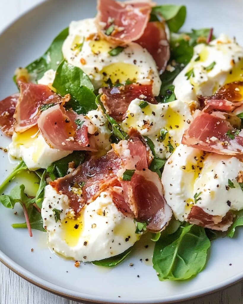 Salade gourmande avec poires en tranches, burrata crémeuse et jambon cru sur un plat de service, garnie de feuilles de basilic et de zeste de citron.