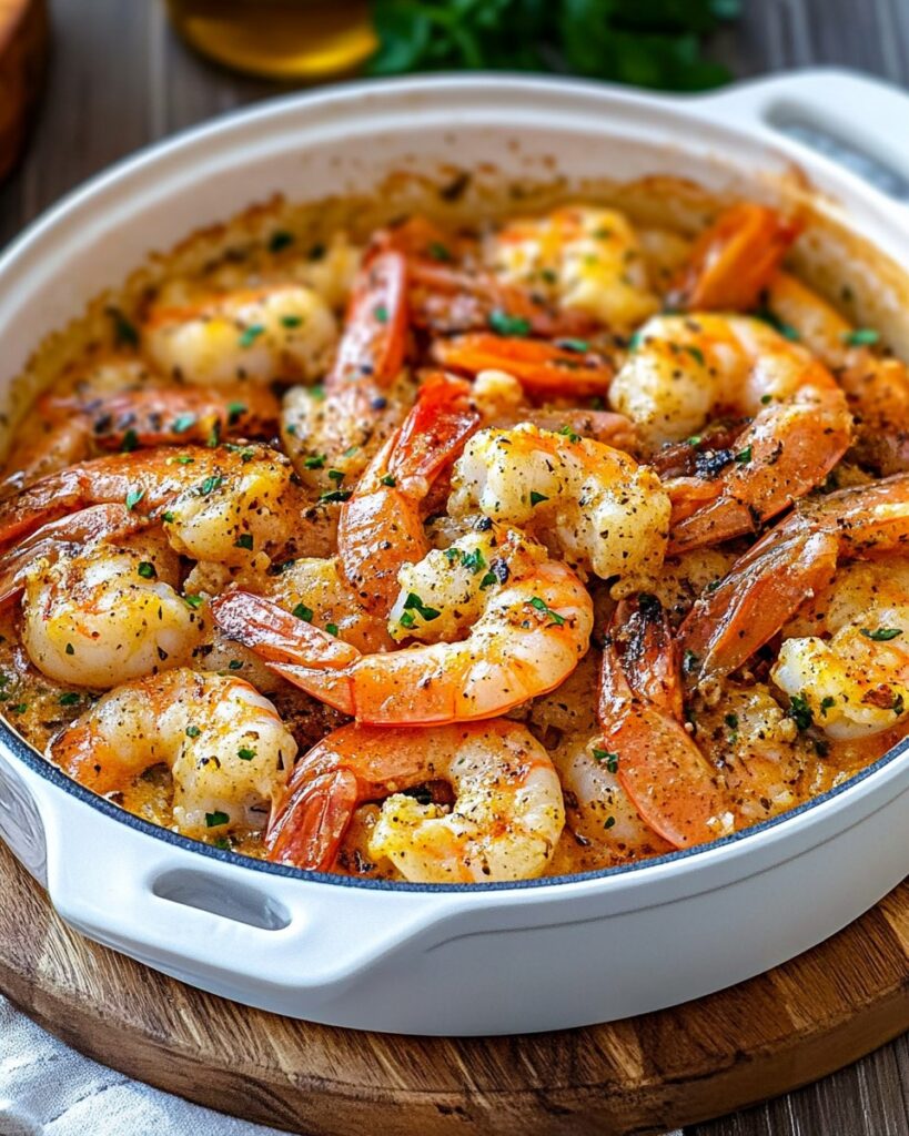 Plat de ragoût de cabillaud et crevettes au vin blanc servi dans une assiette avec du persil frais et du pain croustillant.