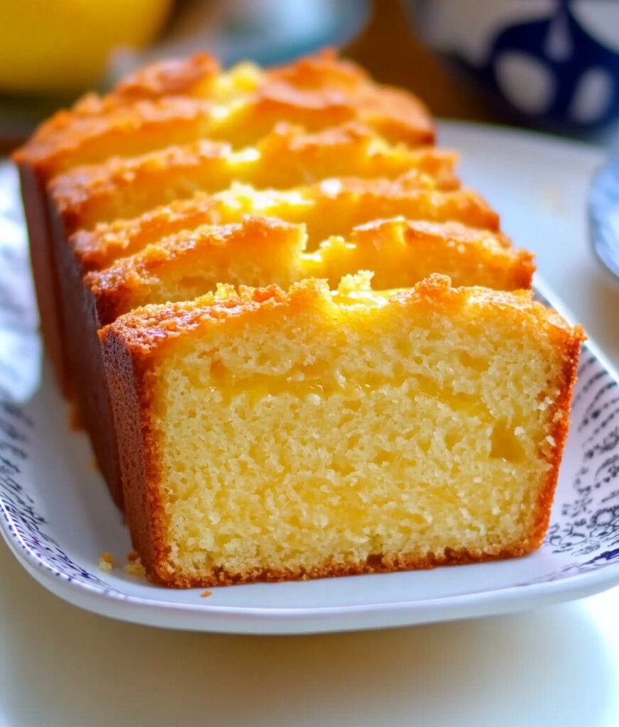 cake à la crème fraîche citron moelleux nappé d'un glaçage au citron, posé sur une assiette avec des tranches de citron.