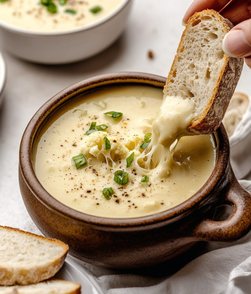 Bol de soupe de chou-fleur rôti au cheddar et à l'ail avec des croûtons dorés.