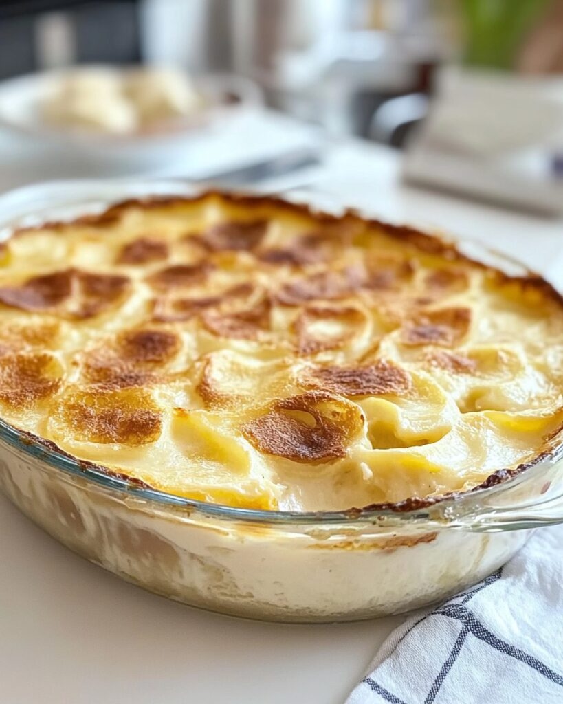 Plat de gratin dauphinois traditionnel doré et prêt à être servi, garni d’une fine croûte dorée.