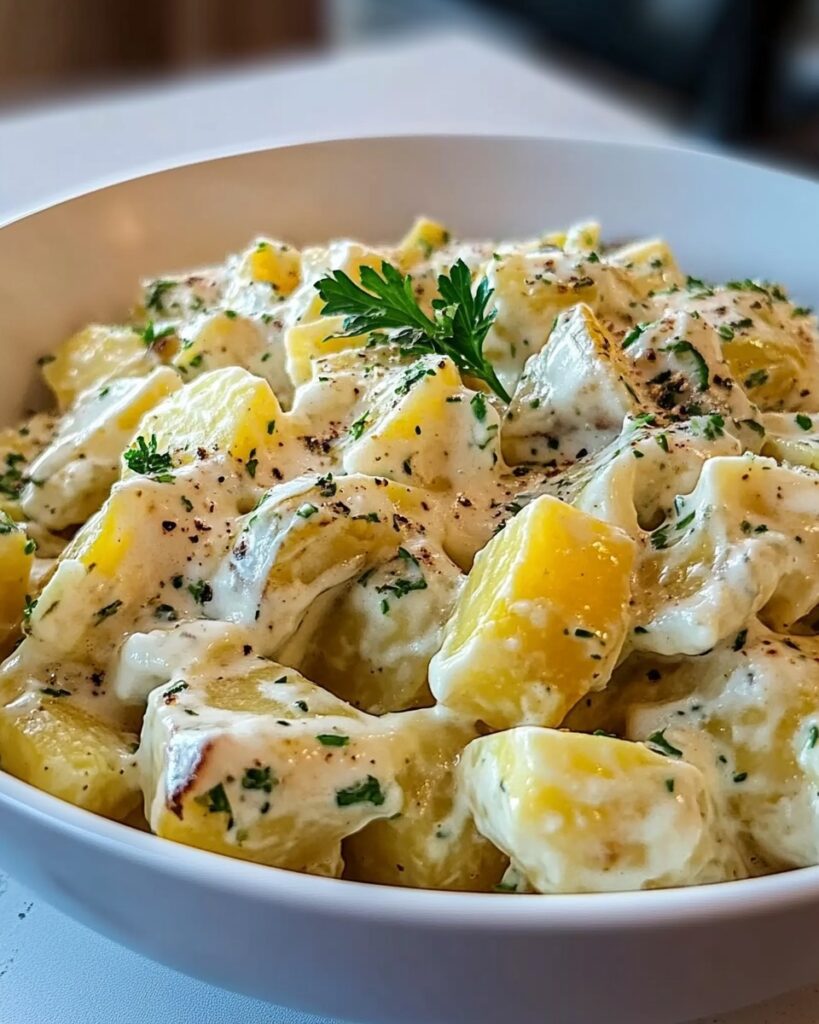 Salade de pommes de terre maison avec cornichons et ciboulette.