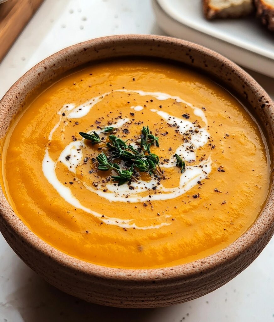 Bol de velouté de potiron doré avec une cuillère de crème fraîche et des graines de courge sur le dessus.