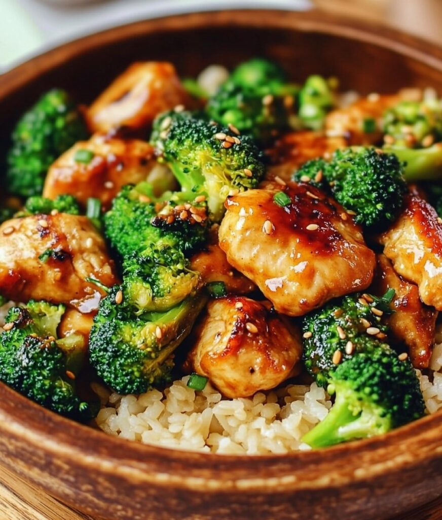 Assiette de poulet et brocolis sautés au sésame, garnie de graines de sésame et accompagnée de riz vapeur.