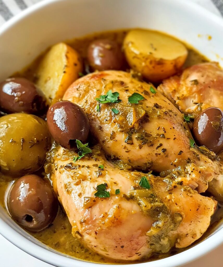 Plat de poulet aux olives et pommes de terre dorées dans une cocotte.