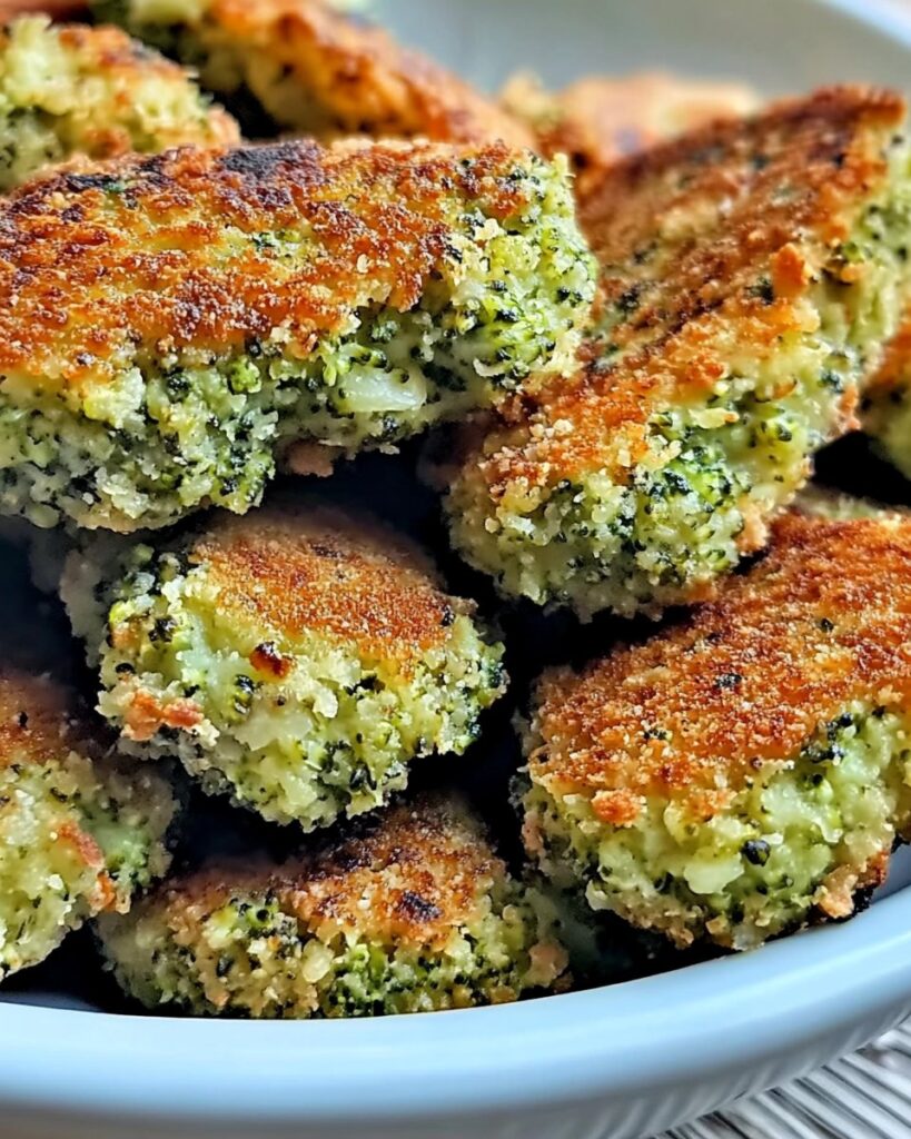 Croquettes de brocolis dorées avec de la feta fondante, servies avec une sauce.