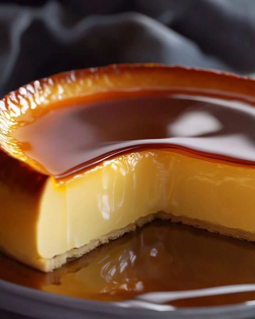 Flan pâtissier maison doré sur le dessus, servi dans une assiette avec une cuillère.