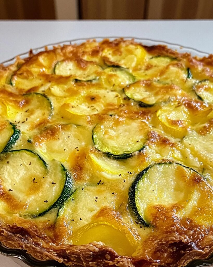 Photo appétissante d'une quiche courgettes et pommes de terre sans pâte, dorée et gratinée, servie dans un moule à tarte avec des tranches fondantes de légumes et une garniture de fromage râpé.