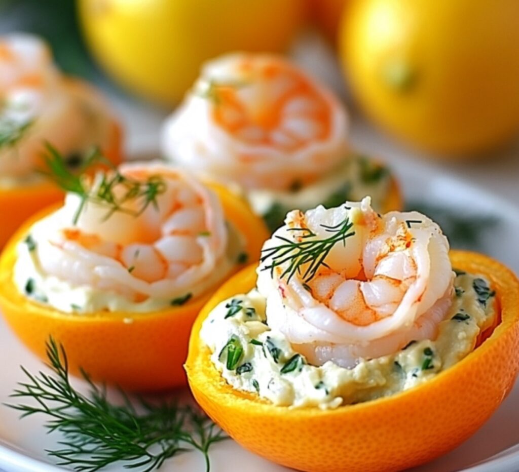 Clémentines farcies aux crevettes avec garniture crémeuse et décoration de baies roses sur une assiette élégante.