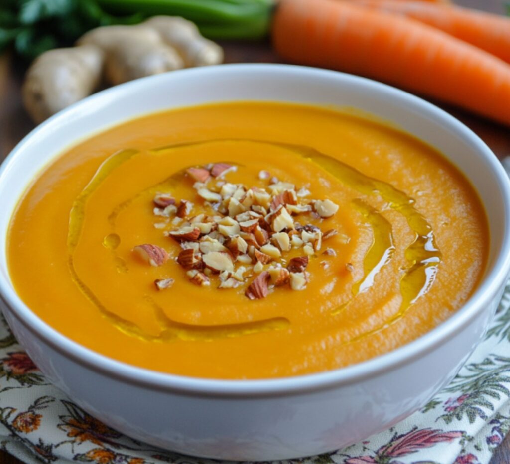 Bol de soupe onctueuse aux carottes, patate douce et gingembre avec un filet de lait de coco et des herbes fraîches.