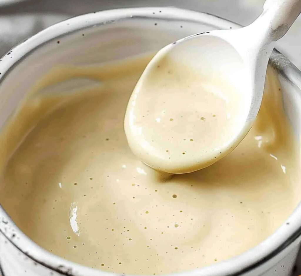 Sauce béchamel onctueuse servie dans une saucière blanche avec une cuillère en bois à côté.