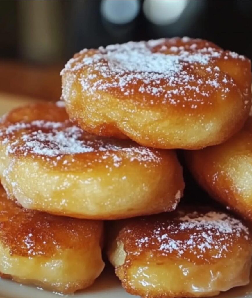 Beignets dorés saupoudrés de sucre glace, prêts à être dégustés.