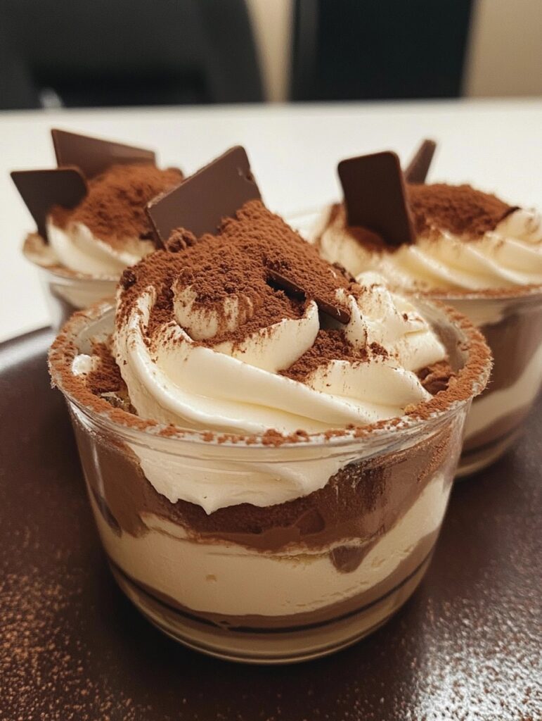 Tiramisu Kinder avec une couche crémeuse, saupoudré de cacao et de morceaux de chocolat Kinder.