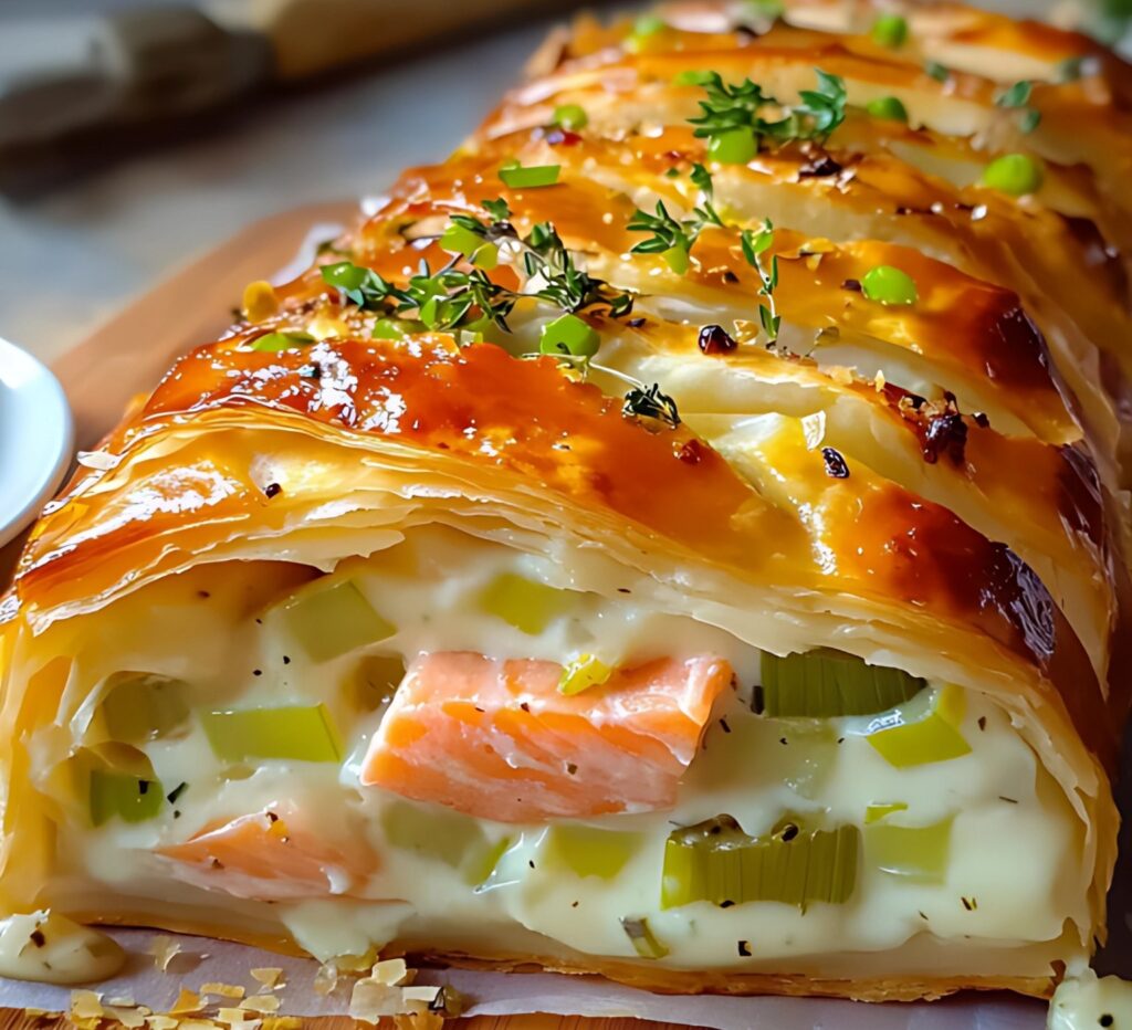 Feuilleté doré au saumon et poireaux sur une assiette, décoré de brins de ciboulette et accompagné d’une salade fraîche.