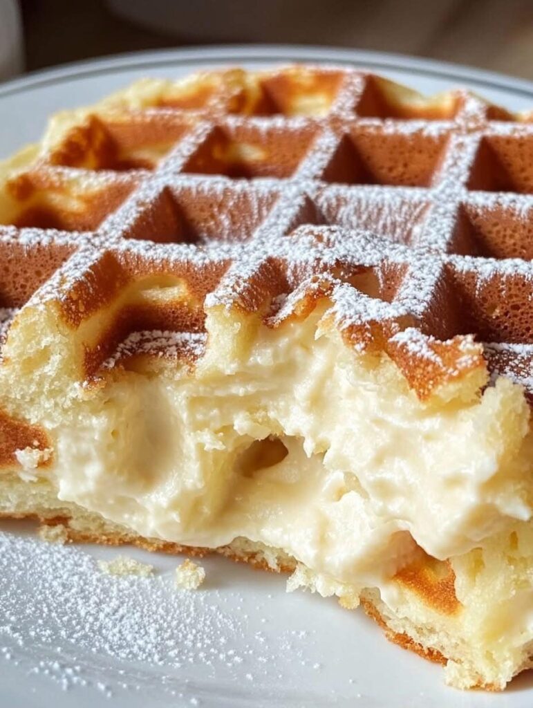 Gaufres dorées fourrées à la crème vanille, saupoudrées de sucre glace.