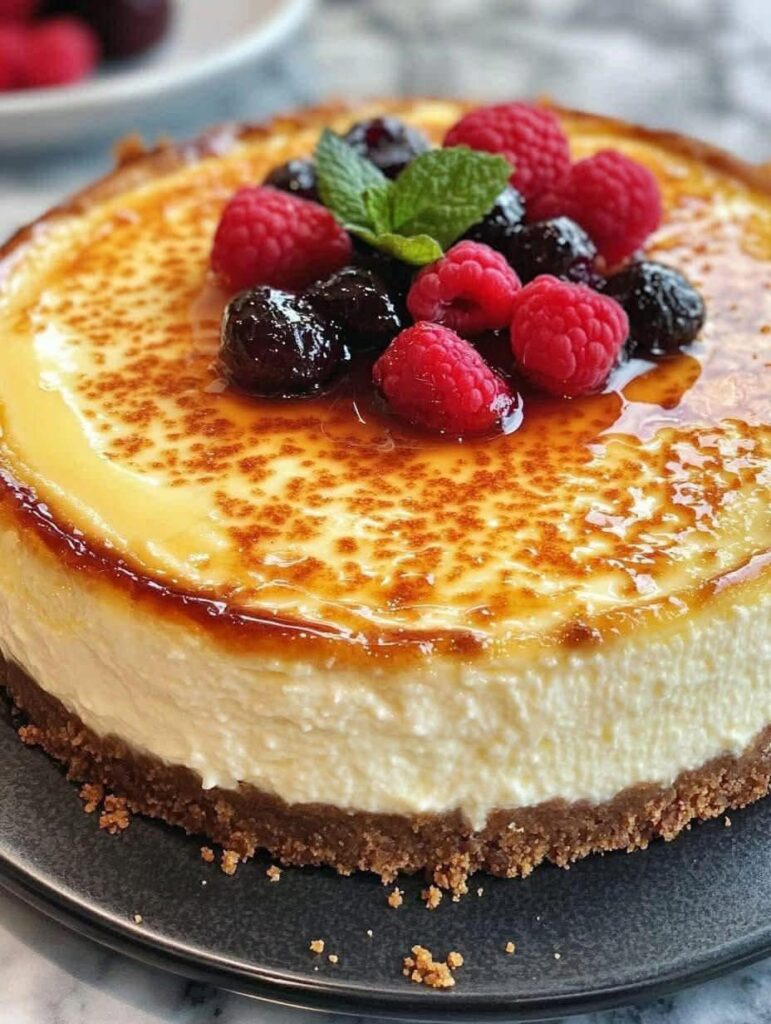 Gâteau au fromage à la crème brûlée avec une croûte dorée et des baies fraîches en décoration.