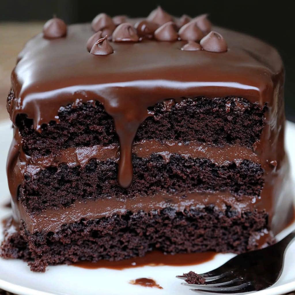 Gâteau au chocolat fondant servi avec des pépites de chocolat et une texture moelleuse au centre.