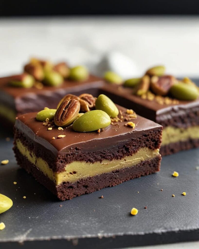 Un fondant au chocolat et à la pistache, garni de pistaches concassées et de crème à la pistache, présenté sur une assiette élégante.