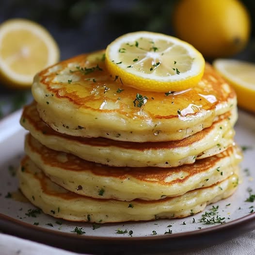 Pancakes dorés au citron et herbes fraîches, garnis de tranches de citron et de sirop d’érable.