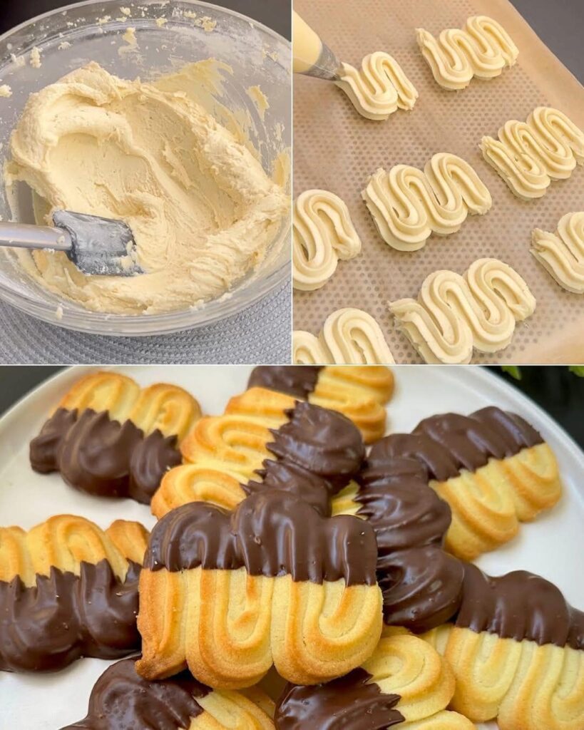 Biscuits spritz dorés et croustillants, trempés dans du chocolat, disposés sur une plaque en bois avec une tasse de café.