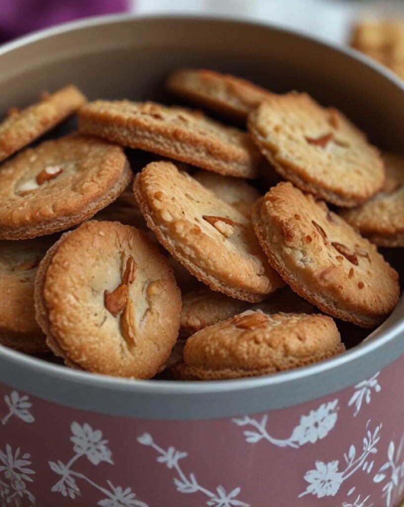 Sablés aux amandes dorés et croustillants, joliment disposés sur une assiette, avec une amande entière au centre pour une touche décorative.