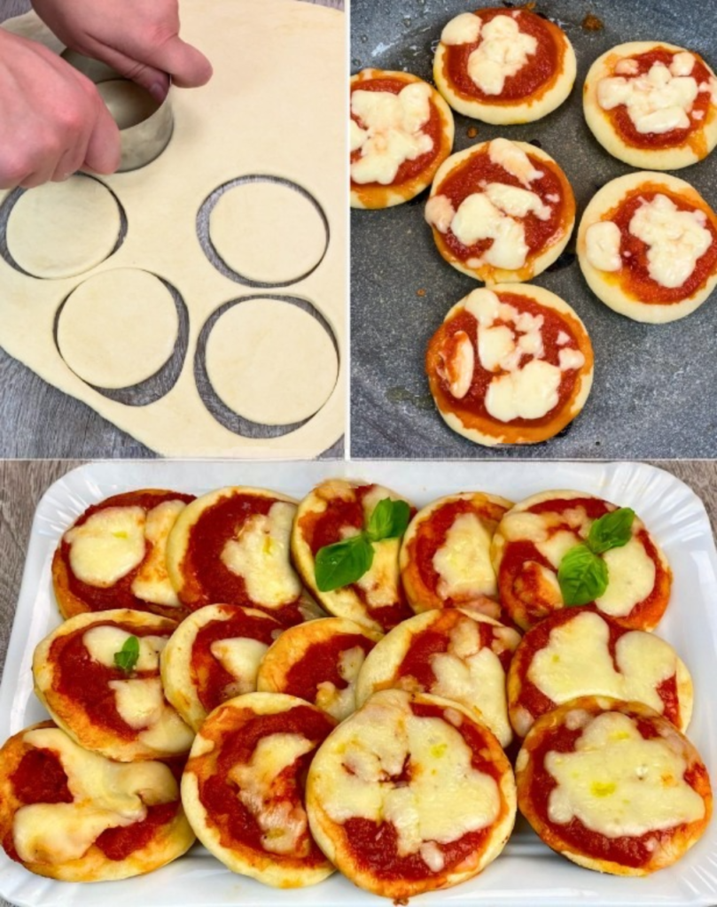 Mini pizzas dorées à la poêle, garnies de sauce tomate et de mozzarella fondue.