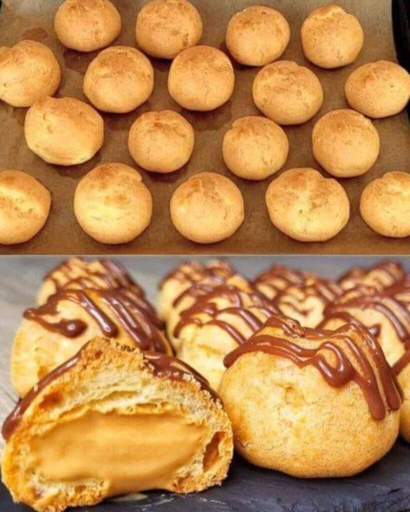 Des choux dorés et moelleux, garnis d'une crème caramel légère et surmontés d'un glaçage brillant au chocolat.