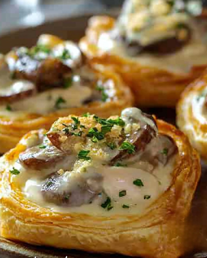 Vol-au-vent dorés garnis d'une sauce crémeuse au poulet et champignons, servis avec persil frais.