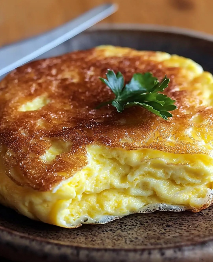 Une omelette soufflée dorée et gonflée, servie dans une poêle avec une garniture de fromage râpé et des herbes fraîches.