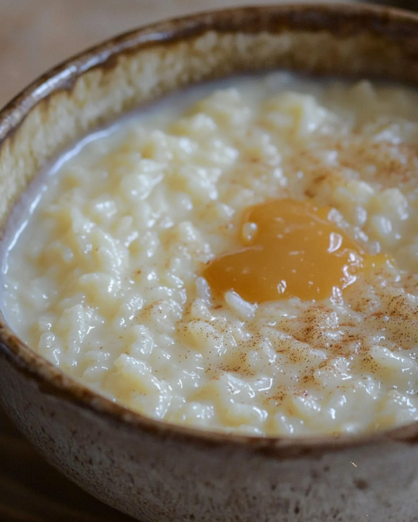 Bol de riz au lait parfumé à la vanille, garni de morceaux de caramel croquant.