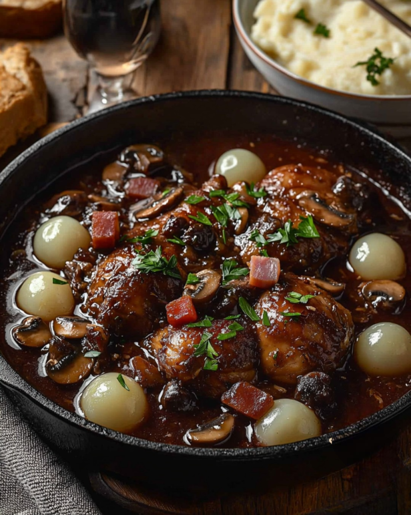 Poulet au vin rouge avec carottes, champignons et oignons grelots dans une cocotte, garni de persil frais.