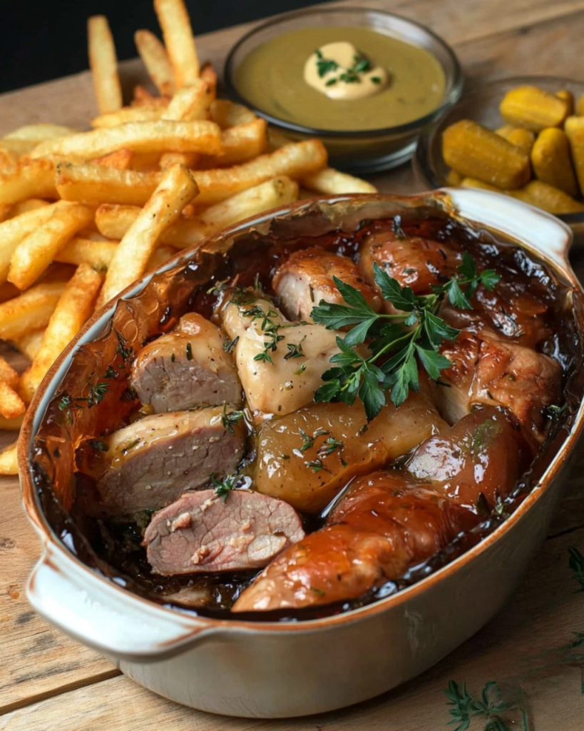 Terrine de potjevleesch maison servie avec des frites et de la salade verte, accompagnée d'une bière artisanale.