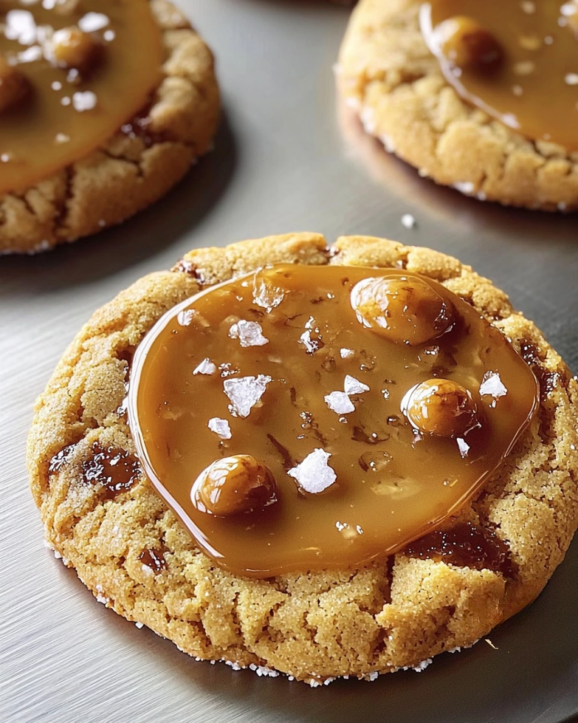 Cookies caramel et cacahuètes façon Grolet garnis de caramel fondant et éclats de cacahuètes croquantes.