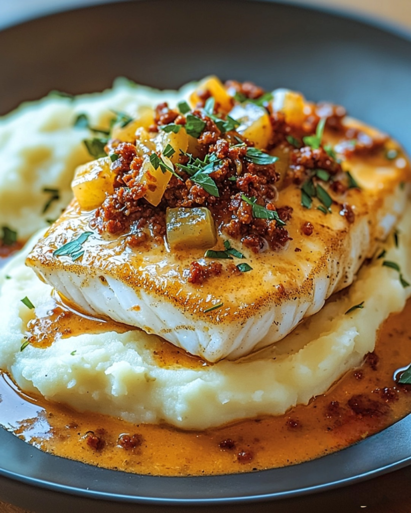 Cabillaud rôti avec une crème de chorizo onctueuse, accompagné d’une purée maison veloutée, présenté dans une assiette gastronomique.