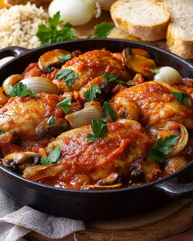 Poulet doré accompagné d'une sauce tomate onctueuse, de champignons et de légumes, présenté avec une touche de persil frais.