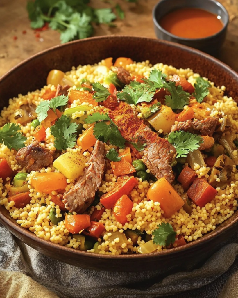 Couscous simplifié et convivial garni de légumes colorés, morceaux de poulet doré et semoule légère, servi dans un plat familial.