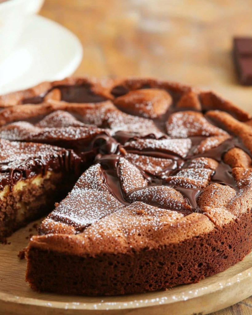 Gâteau moelleux au yaourt et chocolat, nappé de glaçage brillant et décoré de pépites.