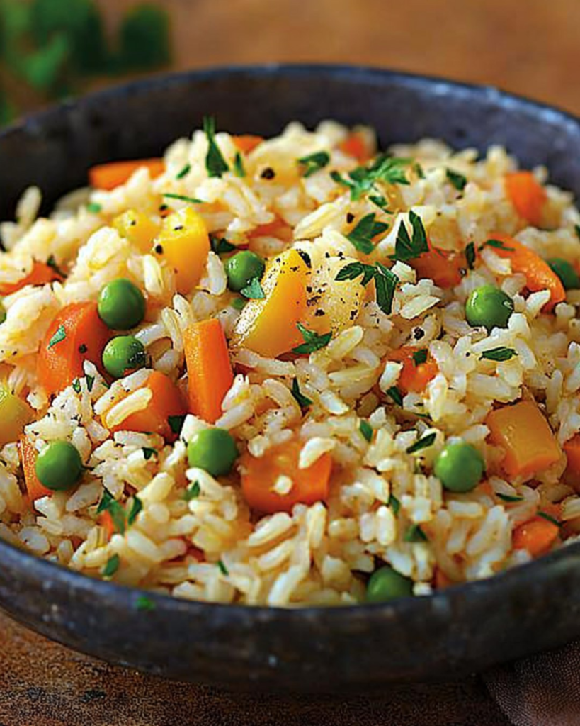 Assiette de riz aux légumes méditerranéens colorés, garnie d’herbes fraîches.